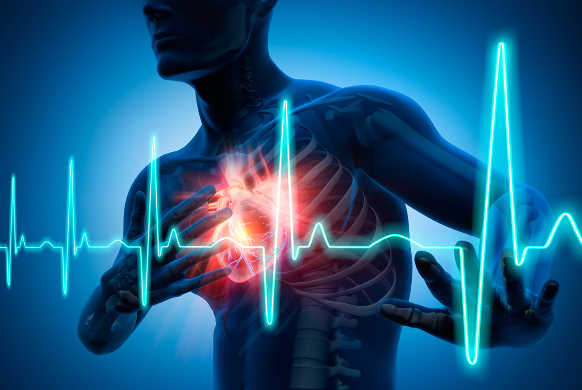 image of a heart portrayed inside a man's body with ekg lines